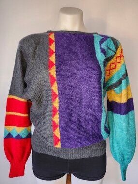 Vintage Mondi Mohair Germany Abstract + Bright Knit Sweater w Classic Geometric